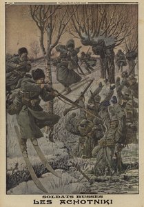 第一次世界大战中，骑着滑雪板的俄罗斯士兵俘虏了一群德国人 作者 路易斯·查尔斯（后）轰炸