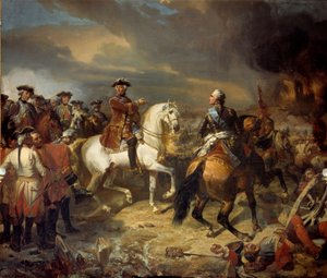 1747年7月27日，萨克森的马雷克尔赢得了劳费尔德战役，国王路易十五的法军战胜了坎伯兰公爵的英军。路易-查尔斯-奥古斯特-库德（1789-1873）的画作 1836年 太阳。4,65x5,43米--劳菲德之战 作者 路易斯·查尔斯·奥古斯特·库德