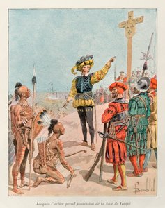 Bombled Louis (1862 - 1927); Jacques Cartier (1491 - 1557)于1534年代表法国国王弗朗索瓦一世占领了加拿大的Gaspe湾（Cartier将法国国徽点在了他种下的十字架上）; Histoire de la Nouvelle