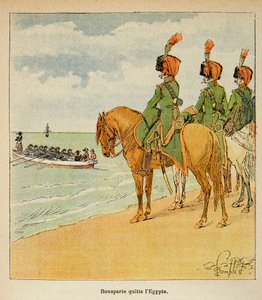 由Bombled Louis（1862-1927）绘制的插图，出自Emmanuel de Las Cases伯爵（1766-1842）的《圣赫勒拿的纪念》一书。波拿巴于1799年8月23日离开埃及，私人收藏 作者 路易斯·查尔斯·邦布尔