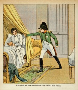 由Bombled Louis（1862-1927）创作的插图，出自Emmanuel de Las Cases伯爵（1766-1842）的《圣赫勒拿的纪念》一书。拿破仑在圣赫勒拿的床上唤醒了拉斯-库斯，私人收藏品 作者 路易斯·查尔斯·邦布尔