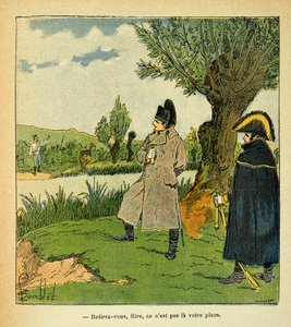 邦布尔德-路易斯（1862-1927）的插图，出自埃马纽埃尔-德-拉斯-库斯伯爵（1766-1842）的《圣海伦纪念》一书。在埃斯林战役期间的劳博岛上，拿破仑冒着风险，一位奥地利军官向皇帝呼吁 "Withdr 作者 Louis Charles Bombled