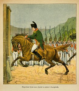 由Bombled Louis（1862-1927）绘制的插图，出自Emmanuel de Las Cases伯爵（1766-1842）的《圣赫勒拿纪念》一书。拿破仑皇帝迫使他的马进入圣赫勒拿的龙湖，私人收藏品