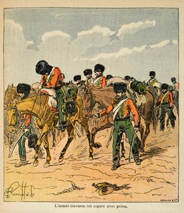 Bombled Louis（1862-1927）的插图，出自Emmanuel de Las Cases伯爵（1766-1842）的《圣赫勒拿的纪念》一书。帝国军队艰难地穿越莫斯科前的俄罗斯平原，私人收藏。 作者 Louis Charles Bombled