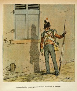 埃马纽埃尔-德-拉斯-库斯伯爵（1766-1842）所著《圣赫勒拿纪念》一书中的路易炸弹（1862-1927）插图。驻扎在圣赫勒拿皇帝府附近的英国哨兵，私人收藏品 作者 路易斯·查尔斯·邦布尔