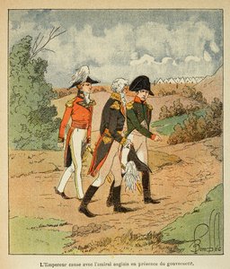 埃马纽埃尔-德拉斯-库斯伯爵（1766-1842）所著《圣赫勒拿纪念》一书中的路易炸弹（1862-1927）插图。1816年8月，拿破仑、哈德逊-莫尔总督和英国海军上将考克本在圣赫勒拿的对话，私人有限公司。 作者 路易斯·查尔斯·邦布尔