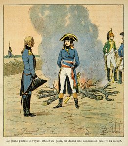 埃马纽埃尔-德-拉斯-库斯伯爵（1766-1842）的《圣赫勒拿纪念》一书中的路易炸弹（1862-1927）插图：波拿巴和马雷切尔-亨利-加蒂安-贝特朗（1773-1844）当时是意大利军队中的精灵军官的首次会面