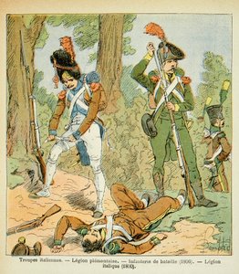 埃马纽埃尔-德-拉斯-库斯伯爵（1766-1842）的《圣赫勒拿纪念》一书中的路易炸弹（1862-1927）插图。意大利部队，皮埃蒙特斯军团。战斗步兵（1806年，斜体军团（1800年），私人收藏 作者 路易斯·查尔斯·邦布尔