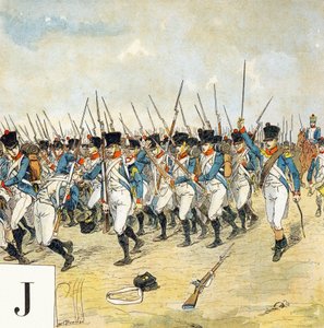 字母J：年轻的卫兵，"Je serai soldat"（我将成为一名士兵）--军事字母表 作者 路易斯·查尔斯·邦布尔