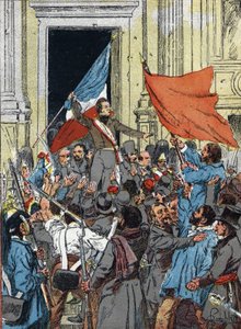 第二共和国宣言》，1848年革命。阿尔方斯-德-拉马丁（1790-1869）2月25日在巴黎市政厅演讲时，拒绝将红旗作为共和国的标志，而倾向于三色旗。