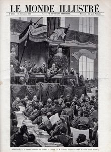 奥古斯特-贝贝尔（1840-1913）1895年在德国布雷斯劳社会主义大会上的讲话--1895年《插图世界》中的版画--Bombled的绘画。 作者 路易斯·查尔斯·邦布尔