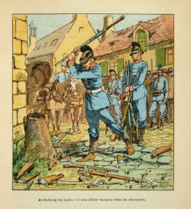 Eugene Sergent 的 The Armee de la Loire，被称为 Grenest，由 Louis Bombled (1862-1927) 插图（法德战争；1870-1871 年的战役）：1870 年 10 月攻占奥尔良市后，一名巴伐利亚副军官 打断了猎人。 （步枪离开 作者 路易斯·查尔斯·邦布尔