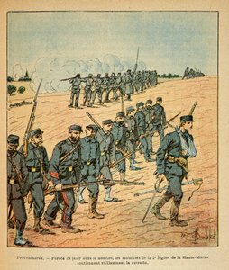 被称为Grenest的尤金-谢尔盖的东部军团，由路易斯-邦布尔德（1862-1927）绘制（法德战争；1870-1871年的战役）。在普罗文谢尔，上马恩省第二军团的暴徒们在敌人的围攻下被迫撤退。 作者 路易斯·查尔斯·邦布尔