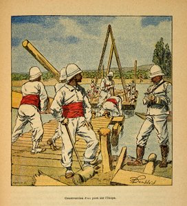 马达加斯加的战争--1885-1895年法国远征的轶事史》，作者亨利-加利（Henri Galli dit Galllichet）（1854-1922），由路易斯-邦布雷（Louis Bombled）（1862-1927）绘制。1895年精灵在伊科帕河上建桥的情景，私人收藏 作者 路易斯·查尔斯·邦布尔