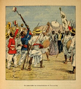 马达加斯加的战争--1885-1895年法国远征的轶事史》，作者是亨利-加利（Henri Galli dit Galllichet）（1854-1922），由路易斯-邦布尔（Louis Bombled）（1862-1927）绘制。拉纳瓦罗纳女王1895年访问塔纳纳里夫的堡垒，私人收藏品 作者 路易斯·查尔斯·邦布尔