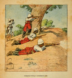 马达加斯加的战争--1885-1895年法国远征的轶事史》，作者亨利-加利（Henri Galli dit Galllichet）（1854-1922），由路易斯-邦布雷（Louis Bombled）（1862-1927）绘制：1895年在马达加斯加徒步作战的非洲猎手，私人收藏 作者 路易斯·查尔斯·邦布尔
