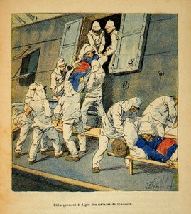 马达加斯加的战争--1885-1895年法国远征的轶事史》，作者是亨利-加利（Henri Galli dit Galllichet）（1854-1922），由路易斯-邦布尔（Louis Bombled）（1862-1927）绘制。1895年，"三叶草 "号医院船的病号在阿尔及尔登岸，他们来自马达加斯加。 作者 路易斯·查尔斯·邦布尔