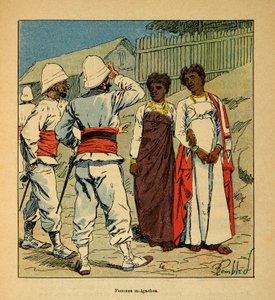 马达加斯加的战争--1885-1895年法国远征的轶事史》，作者亨利-加利（Henri Galli dit Galllichet）（1854-1922），由路易斯-邦布尔德（Louis Bombled）（1862-1927）插图。同情马达加斯加妇女的法国士兵，私人收藏 作者 路易斯·查尔斯·邦布尔