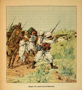 马达加斯加的战争--1885-1895年法国远征的轶事史》，作者是亨利-加利（Henri Galli dit Galllichet）（1854-1922），由路易斯-邦布尔（Louis Bombled）（1862-1927）绘制。法哈沃罗人对军事车队的攻击，私人收藏 作者 路易斯·查尔斯·邦布尔
