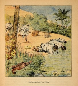 马达加斯加的战争--1885-1895年法国远征的轶事史》，作者是亨利-加利（Henri Galli dit Galllichet）（1854-1922），由路易斯-邦布尔（Louis Bombled）（1862-1927）绘制。1895年在河边的停留，私人收藏 作者 路易斯·查尔斯·邦布尔