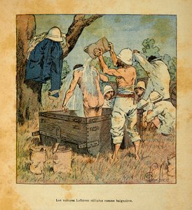 The War in Madagascar-Anecdotal History of the French Expeditions of 1885-1895 by Henri Galli dit Galllichet (1854-1922), illustrated by Louis Bombled (1862-1927): The Lefebvre cars used as a bathtub by soldiers in 1895 in Madagascar, Private Collection 作者 路易斯·查尔斯·邦布尔