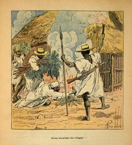 马达加斯加的战争--1885-1895年法国远征的轶事史》，作者亨利-加利（Henri Galli dit Galllichet）（1854-1922），由路易斯-邦布雷（Louis Bombled）（1862-1927）绘制：霍瓦斯焚烧村庄，私人收藏 作者 路易斯·查尔斯·邦布尔