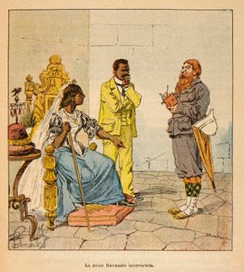 马达加斯加的战争--1885-1895年法国远征的轶事史，作者是亨利-加利（Henri Galli dit Galllichet）（1854-1922），由路易斯-邦布尔德（Louis Bombled）（1862-1927）插图：1895年，一位英国记者在拉瓦纳洛女王的总理面前采访了她。 作者 路易斯·查尔斯·邦布尔