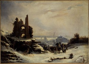 从市场归来（巴黎的雪景），约 1830 年（布面油画） 作者 路易斯·克劳德绘画业