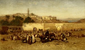 摩洛哥丹吉尔城墙外的市场日，1873年。 作者 路易斯·康福特·蒂芙尼