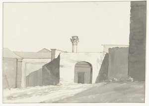 Antieke zuil en gebouwen in haven van Brindisi
Vue éloignee de la colonne Antique [on the port of Brindisi] [布林迪西港口的 Antique 柱远景]]。
意大利、西西里岛和马耳他之旅 - 1778 年（系列标题） 作者 路易斯·杜克罗斯