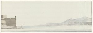 Gezicht op de kust van Calabrië vanaf het uiterste punt van de vesting Messina
从墨西拿城堡外角拍摄的卡拉布里亚海岸景色（标题见实物）
Voyage en Italie, en Sicile et à Malte - 1778（系列标题）