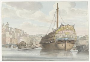Gezicht op haven met galei schip vlakbij de werf
Vue du fond du Port des Galères à Malthe, prise du chantier（物上标题）
Voyage en Italie, en Sicile et à Malte - 1778（系列标题） 作者 路易斯·杜克罗斯
