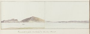 Gezicht op kust van Gaeta en mausoleum van Munatius Plancus (Lucio Munazio Planco)
Vue de la côte de Gaëta,  du Tombeau de Munatius Plancus（物上标题）
Voyage en Italie, en Sicile et à Malte - 1778（系列标题） 作者 路易斯·杜克罗斯