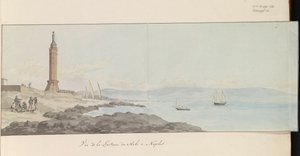 Gezicht op vuurtoren bij havenhoofd te Napels Vue de la Lanterne du Mole à Naples (title on object) Voyage en Italie, en Sicile et à Malte - 1778 (series title)