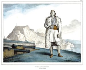 科孚岛的Suliote，Nicolo Pervoli，在 "雅典娜和君士坦丁堡之旅，或希腊和奥斯曼肖像、风景和服装集，根据自然、石版画和彩色画绘制的地方，由大卫的学生Louis Dupre（1789-1837）1825年。 作者 路易斯杜普雷