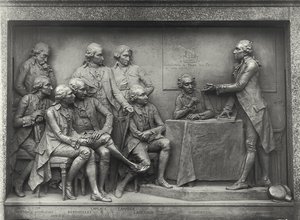 Antoine Laurent Lavoisier (1743-94) explaining his analysis of air to his colleagues (bronze) (b/w photo)