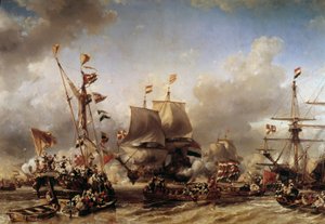 英荷战争：“”荷兰海军上将米歇尔·阿德里安·鲁伊特 (1607-1676) 和威廉·德·威特 (William de Witt) 为特塞尔战役 (Battle of Texel) 登船“”路易斯·加布里埃尔·尤金·伊萨贝 (Louis Gabriel Eugene Isabey) (1803-1886) 绘画，19 世纪土伦，海军博物馆