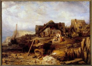 海滩低矮的母马 Louis Gabriel Eugene Isabey (1803-1886) 19 世纪的绘画。 0,27x0,4m。