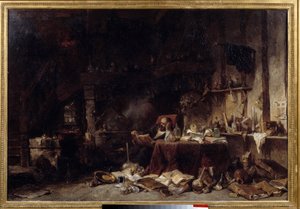 炼金术士的作坊 里面装满了小瓶、大瓶、蒸馏器。画作作者：Louis Gabriel Eugene Isabey (1803-1886) 1848年 太阳。0,66x0,99米 里尔艺术博物馆。
