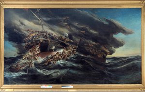 The fire of the steamer the Austria Scene shipwreck of a ship the passengers try to escape on the boats in the demonted sea. Painting by Eugene Isabey (1803-1886)