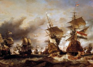 对奥格斯堡联盟的战争：“1694 年 6 月 29 日的特塞尔战役，让·巴特（Jean Bart，1650-1702 年）战胜弗里斯兰海军上将的荷兰中队”“法国夺取了荷兰船只装载的小麦。 路易斯·加布里埃尔·尤金·伊萨贝 (1803-1886) 的绘画