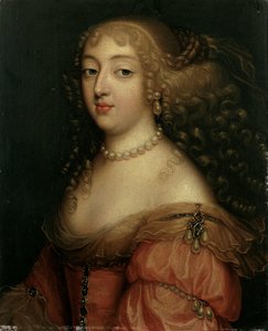 据说是劳拉·曼奇尼（Laura Mancini），公爵夫人（Duchesse de Mercoeur）的肖像，胸围长，穿着红色，戴着珍珠项链和耳环