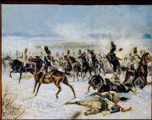 1807 年 2 月 8 日的普鲁士埃劳战役。拿破仑一世（1769-1821 年）的法国大军团与俄罗斯帝国之间的军事对抗。Louis Ferdinand Malespina（1874-1940 年）的作品，布面油画 作者 路易斯-费迪南德·马勒斯皮纳