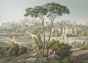 帕勒泰恩小山的看法在罗马，有Cesars的宫殿的废墟的在背景中，c.1800