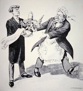 美国漫画显示美国总统图夫特在1913年将有问题的 "墨西哥局势 "移交给他的继任者伍德罗-威尔逊（石膏版）。