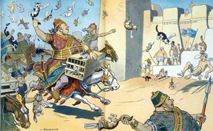 华尔街的波斯人和华盛顿的埃及人，1907 年。插图显示了佩鲁西姆战役，波斯人被认定为拥有 "既得利益"。