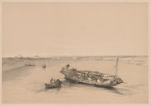 埃及和努比亚：第I卷-第4期，尼罗河上的奴隶船，望向...，1838年。 作者 路易斯·哈格