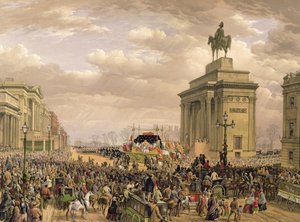 惠灵顿公爵的葬礼，1852年11月18日在Apsley House通过拱门的葬礼车，由Thomas Picken（fl.1838-1870）雕刻，酒吧。作者：阿克曼和戴，1853年 作者 路易斯·哈格