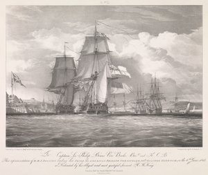 1813年6月6日，英国皇家海军 "香农 "号率领战利品美国护卫舰 "切萨皮克 "号（1806年）驶入新斯科舍省哈利法克斯港，约1815年（石版画）。 作者 路易斯·哈格