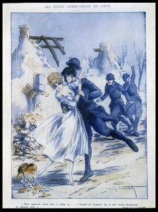 士兵进城，其中一人亲吻女人，“迷人的战利品”，路易斯·伊卡特（Louis Icart，1888-1950）插图，《幻想曲》15/12/1915 作者 路易卡特